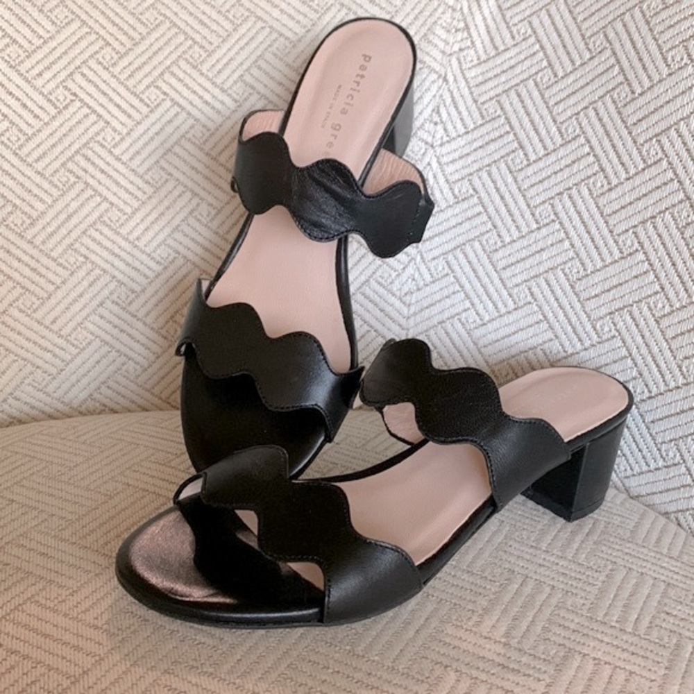 PATRICIA Green Palm Beach Sandals scalloped straps covered block heels leather 7